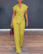 Twist-Front Top and High-Waisted Straight Trouser Set - Yellow