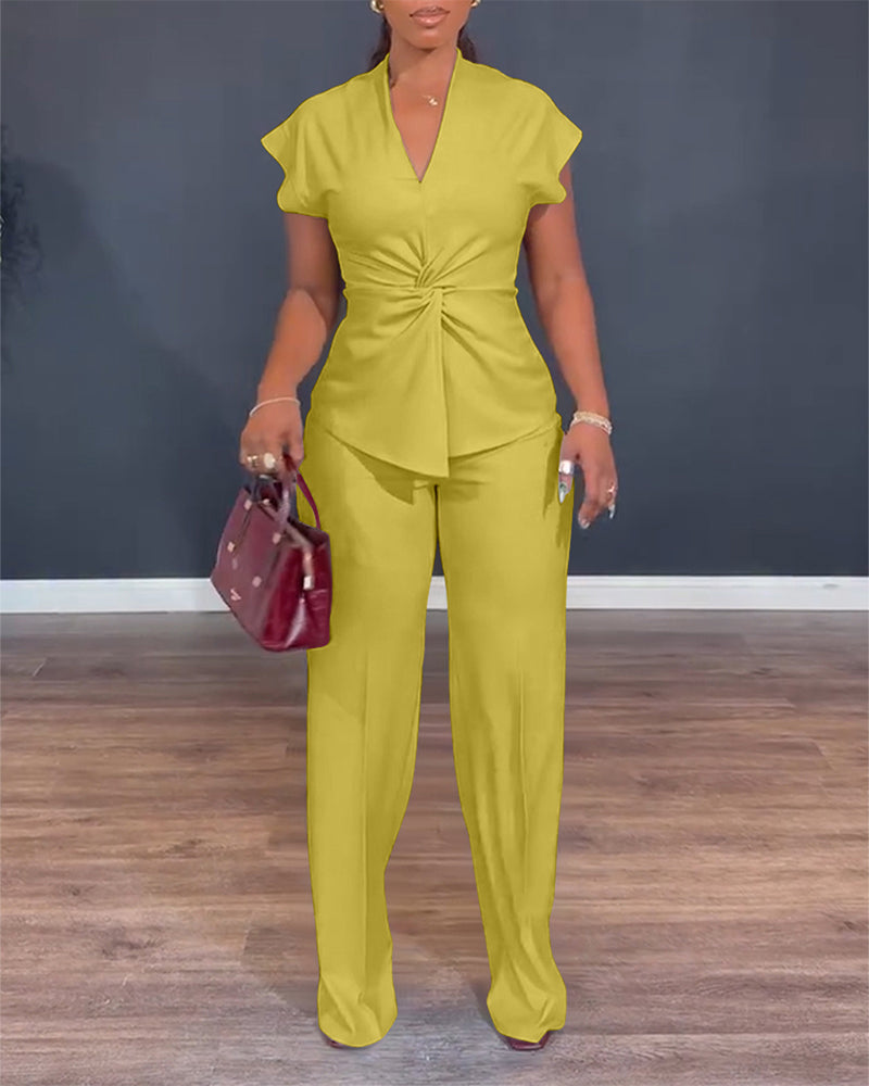 Twist-Front Top and High-Waisted Straight Trouser Set