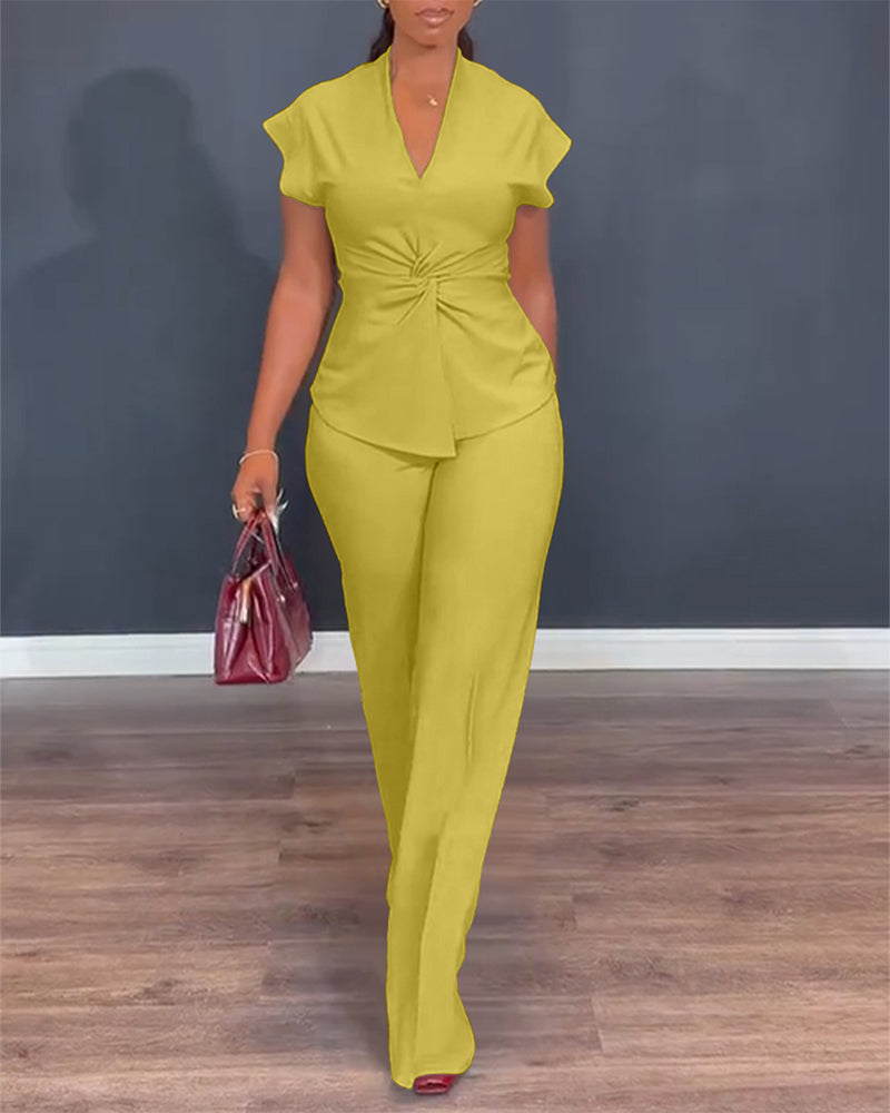 Twist-Front Top and High-Waisted Straight Trouser Set