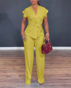 Twist-Front Top and High-Waisted Straight Trouser Set