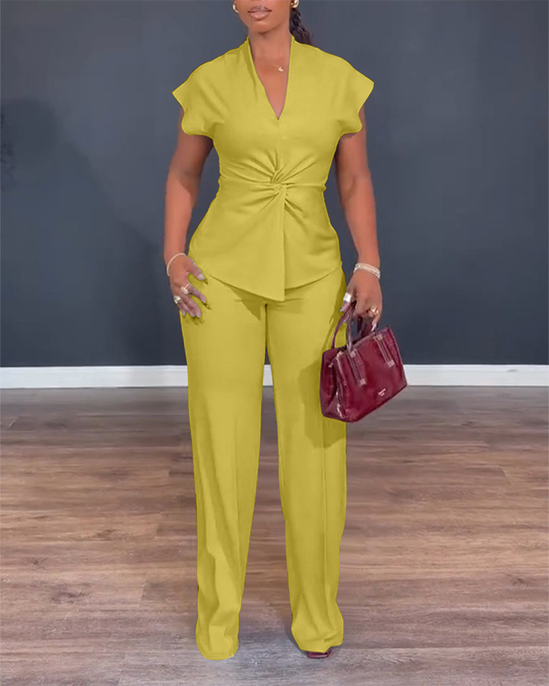 Twist-Front Top and High-Waisted Straight Trouser Set