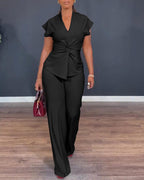 Twist-Front Top and High-Waisted Straight Trouser Set - Black