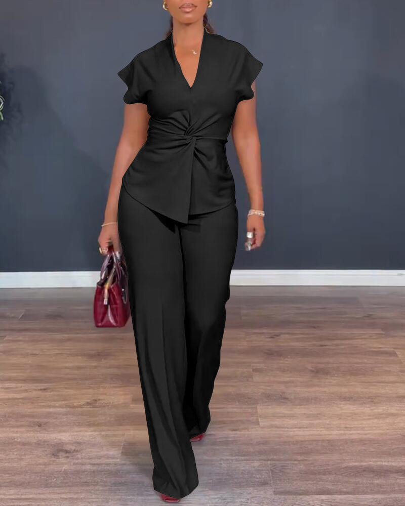 Twist-Front Top and High-Waisted Straight Trouser Set - Black