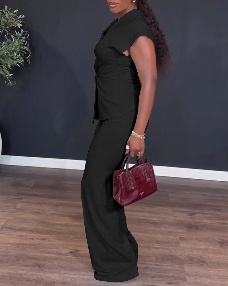 Twist-Front Top and High-Waisted Straight Trouser Set