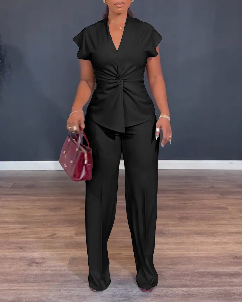 Twist-Front Top and High-Waisted Straight Trouser Set