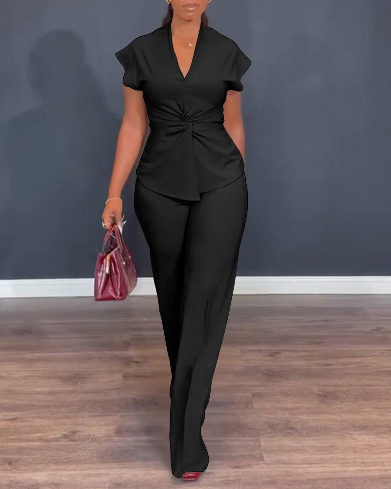 Twist-Front Top and High-Waisted Straight Trouser Set