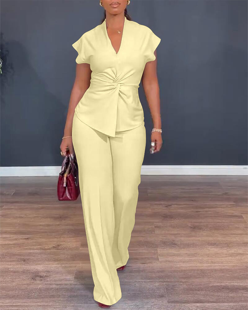 Twist-Front Top and High-Waisted Straight Trouser Set - Light Yellow