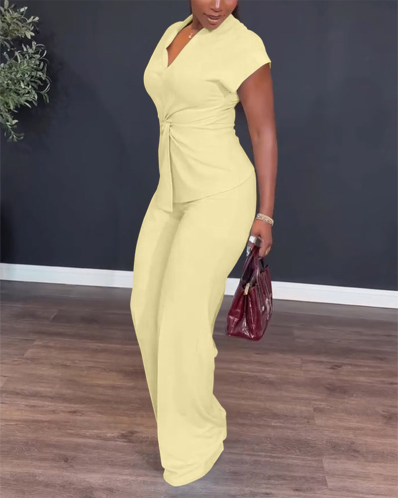 Twist-Front Top and High-Waisted Straight Trouser Set
