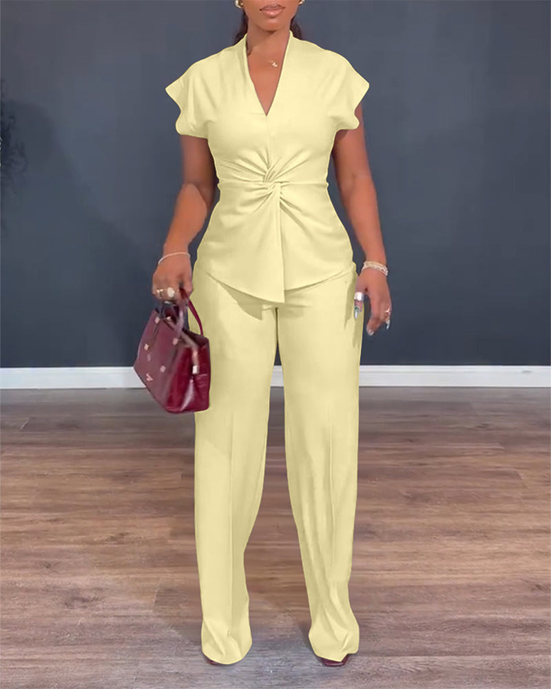 Twist-Front Top and High-Waisted Straight Trouser Set
