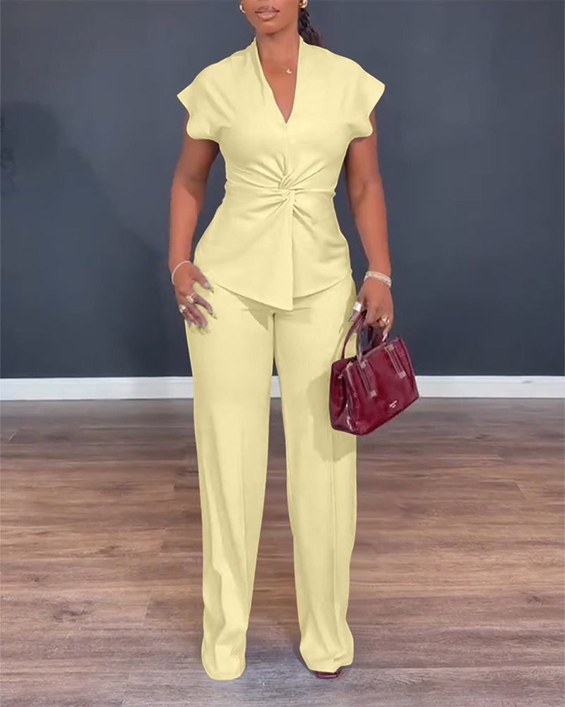 Twist-Front Top and High-Waisted Straight Trouser Set