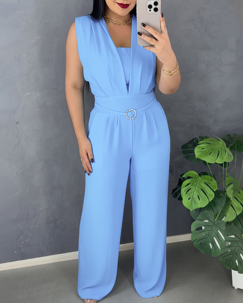 V-Neck Jumpsuit with Buckle Waist and Wide Leg - Light Blue
