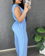 V-Neck Jumpsuit with Buckle Waist and Wide Leg - Light Blue