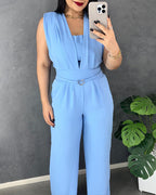 V-Neck Jumpsuit with Buckle Waist and Wide Leg - Light Blue