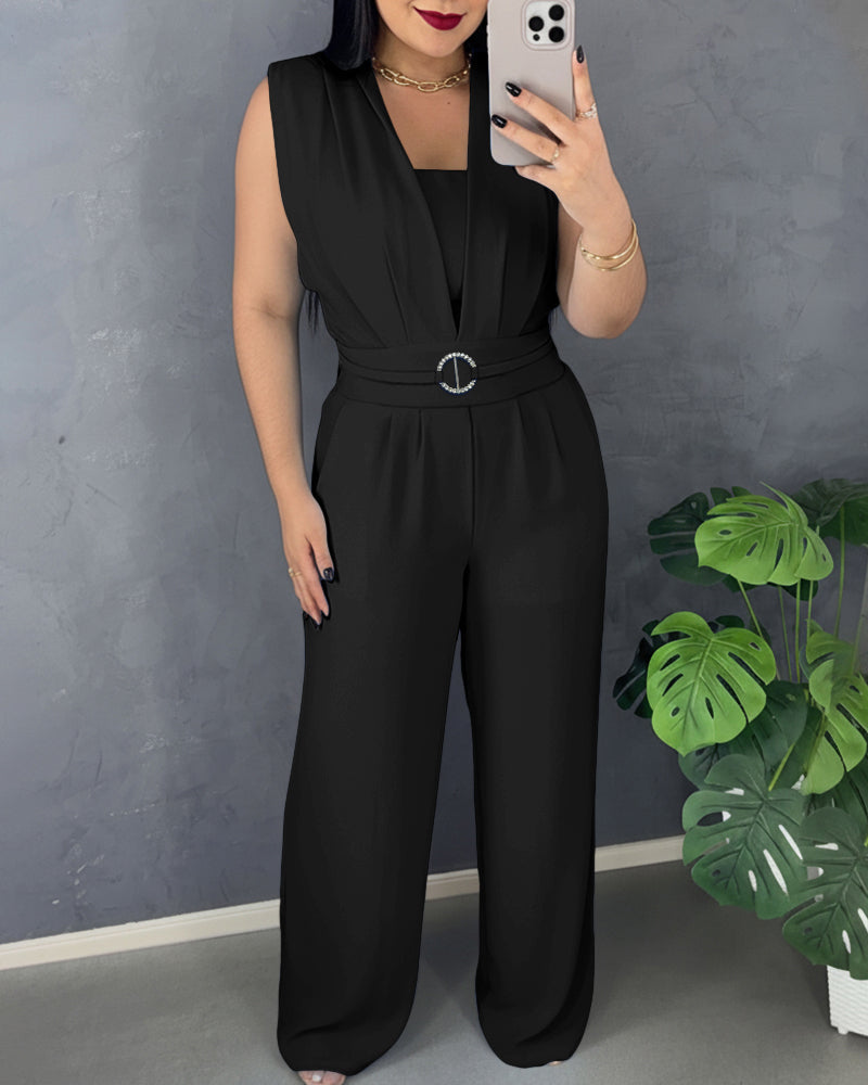 V-Neck Jumpsuit with Buckle Waist and Wide Leg - Light Blue