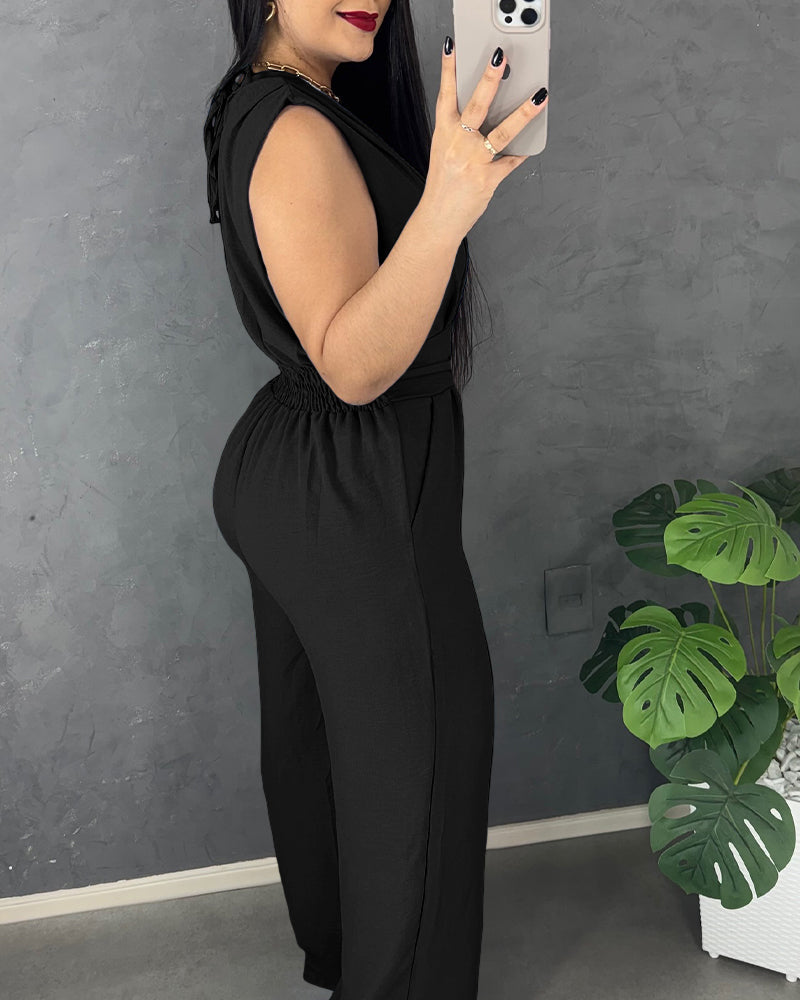 V-Neck Jumpsuit with Buckle Waist and Wide Leg - Light Blue