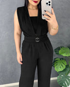 V-Neck Jumpsuit with Buckle Waist and Wide Leg - Light Blue