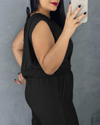 V-Neck Jumpsuit with Buckle Waist and Wide Leg - Light Blue