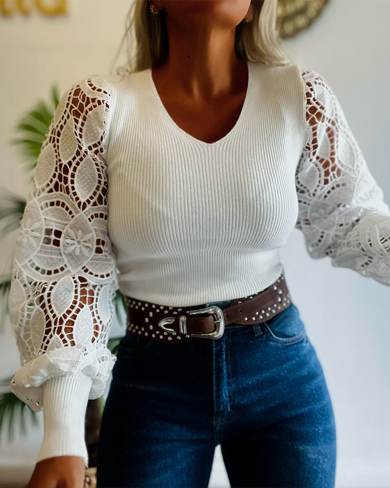 V-Neck Knit Top with Lace Lantern Sleeves in White - White