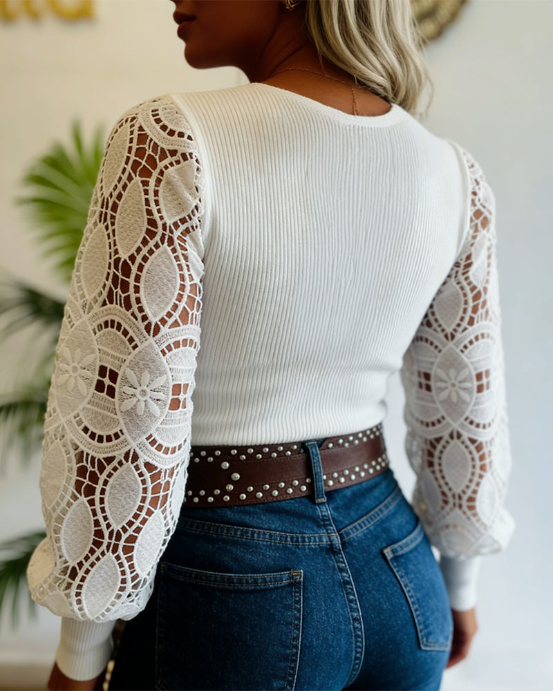 V-Neck Knit Top with Lace Lantern Sleeves in White - White