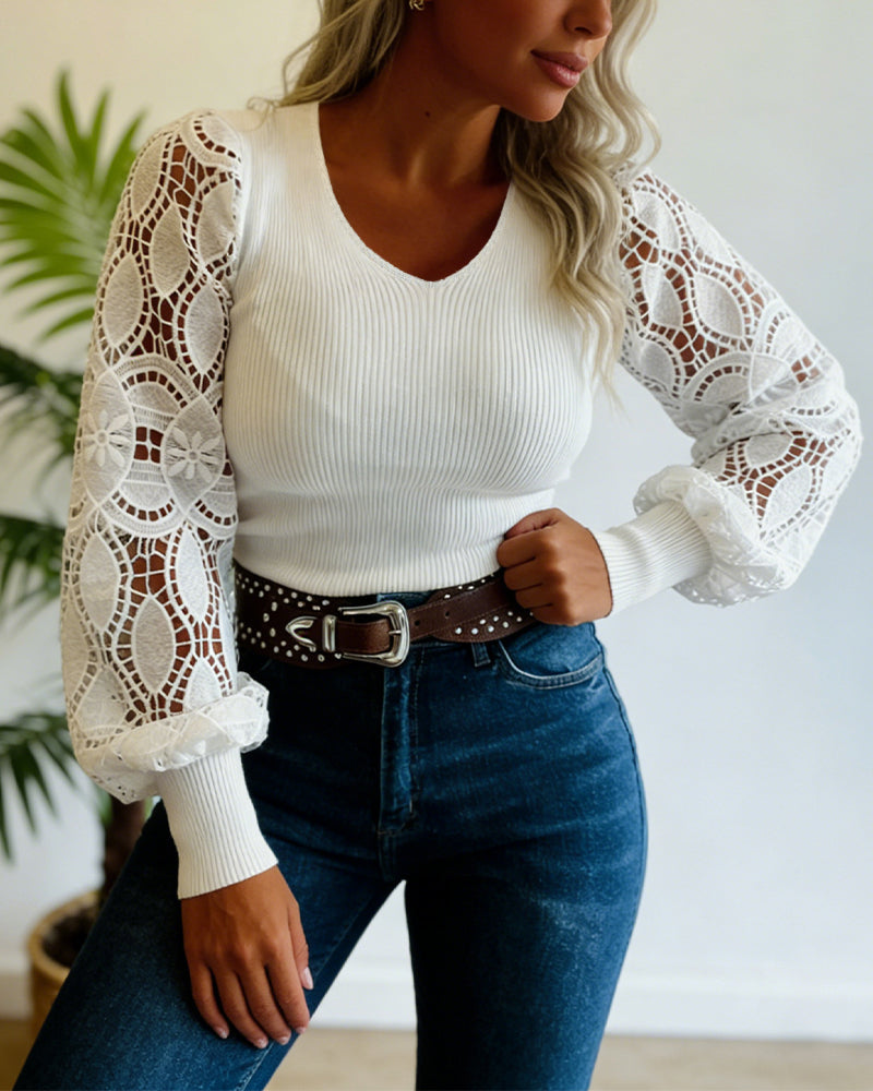 V-Neck Knit Top with Lace Lantern Sleeves in White - White