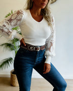 V-Neck Knit Top with Lace Lantern Sleeves in White - White