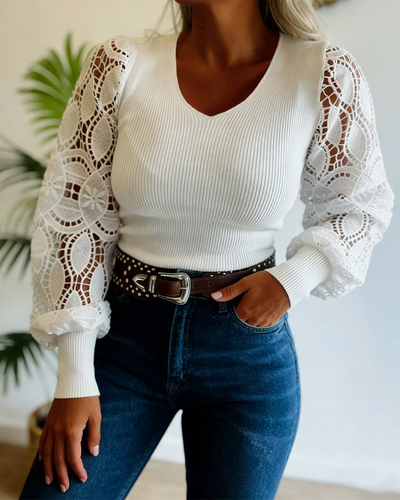 V-Neck Knit Top with Lace Lantern Sleeves in White - White