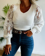 V-Neck Knit Top with Lace Lantern Sleeves in White - White