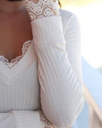 V-Neck Rib-Knit Top with Lace Trim and Long Sleeves - White