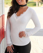 V-Neck Rib-Knit Top with Lace Trim and Long Sleeves - White