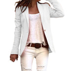Women's single button blazer with padded shoulders and flap pockets