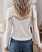 Waffle Knit Cardigan with Square Neck and Lace Panel - White