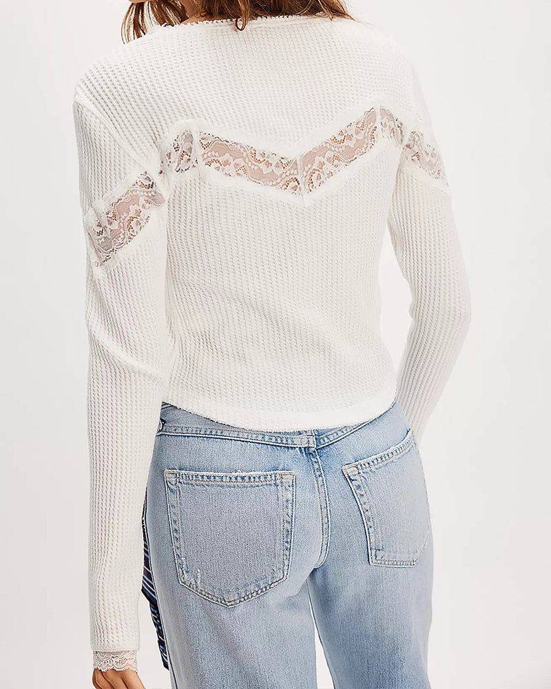 Waffle Knit Cardigan with Square Neck and Lace Panel - White