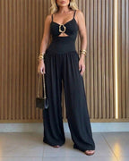Wide-Leg Jumpsuit with Gold Ring and Open Back - Black