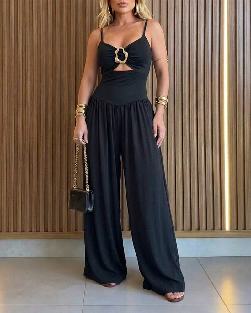Wide-Leg Jumpsuit with Gold Ring and Open Back - Black