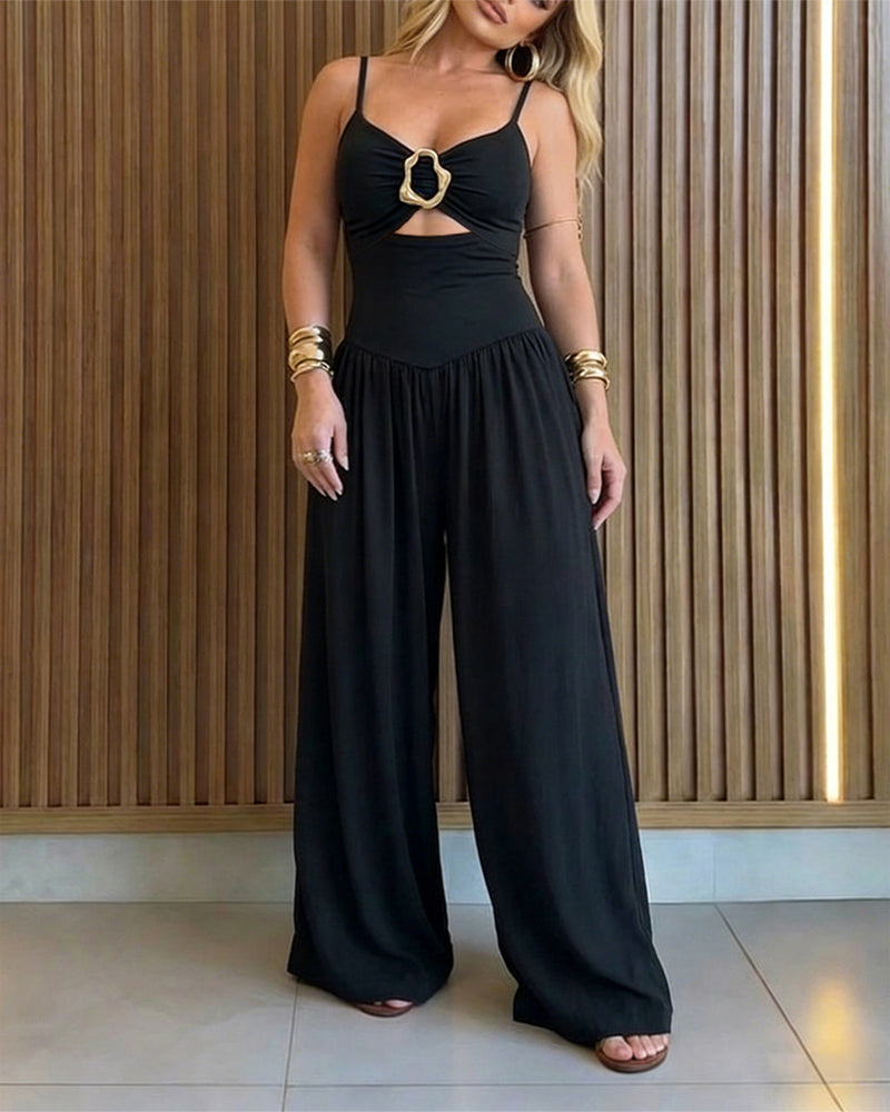 Wide-Leg Jumpsuit with Gold Ring and Open Back