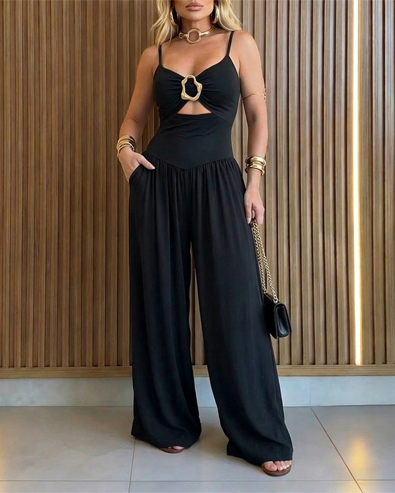 Wide-Leg Jumpsuit with Gold Ring and Open Back