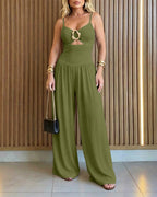 Wide-Leg Jumpsuit with Gold Ring and Open Back - Army Green