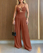 Wide-Leg Jumpsuit with Gold Ring and Open Back - Brown