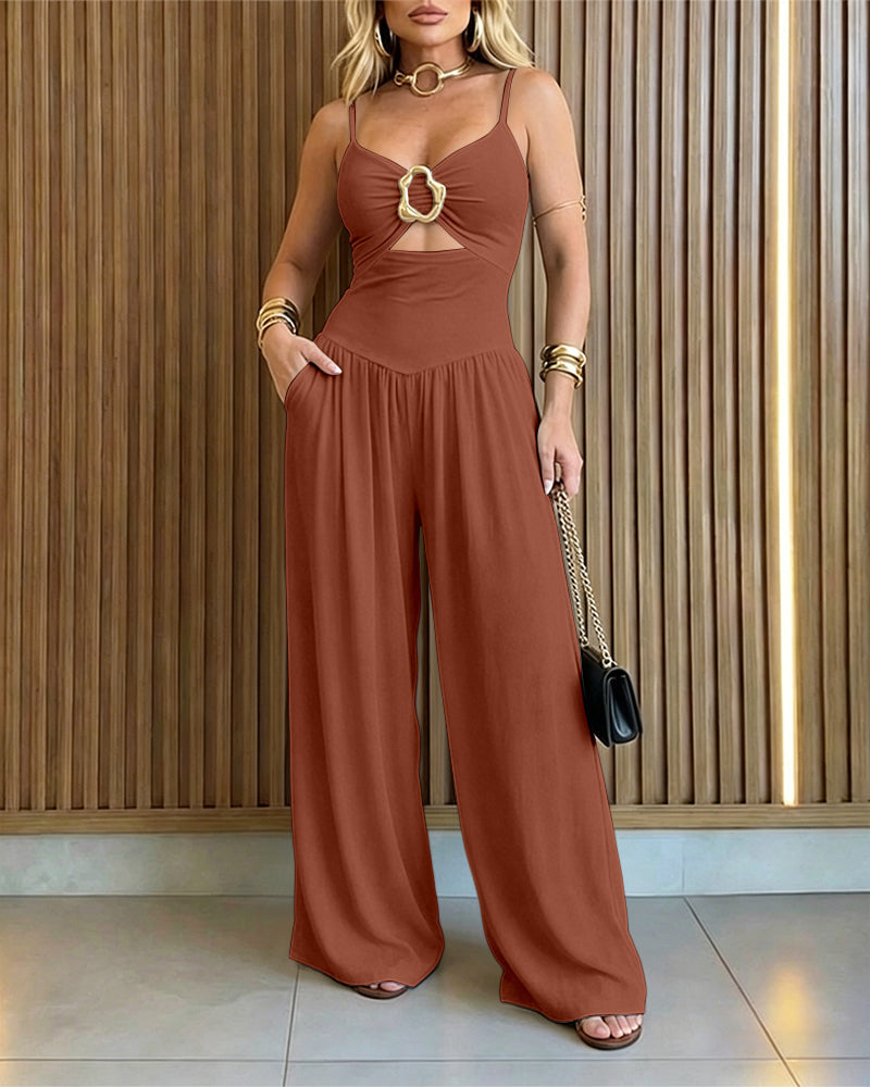 Wide-Leg Jumpsuit with Gold Ring and Open Back