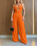 Wide-Leg Jumpsuit with Gold Ring and Open Back - Orange