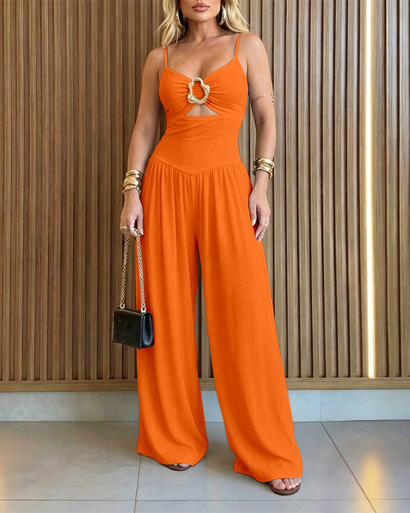 Wide-Leg Jumpsuit with Gold Ring and Open Back - Orange