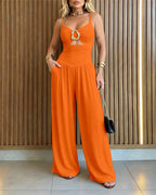 Wide-Leg Jumpsuit with Gold Ring and Open Back