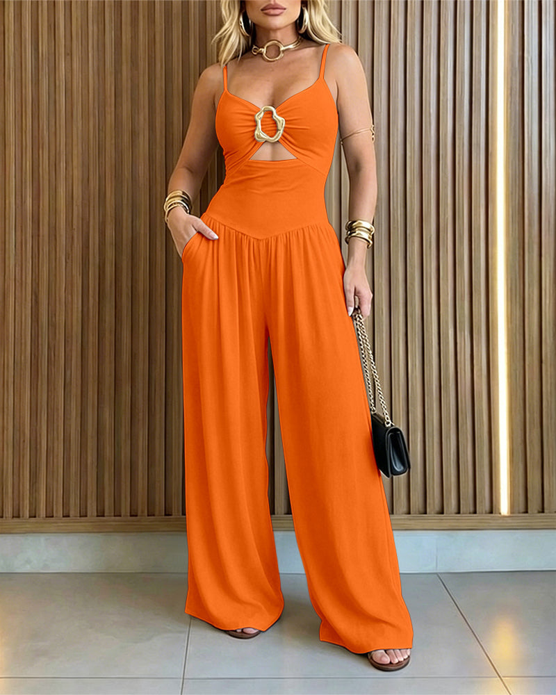 Wide-Leg Jumpsuit with Gold Ring and Open Back