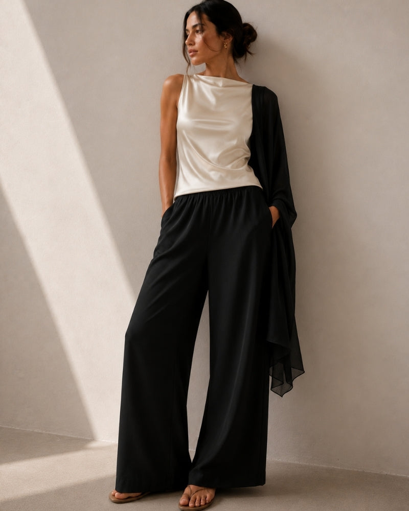 Wide-Leg Trousers with Elasticated Waist and Fluid Drape