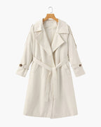 Women's Belted Trench Coat with Storm Flaps and Cuffed Sleeves - Beige