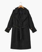 Women's Belted Trench Coat with Storm Flaps and Cuffed Sleeves - Black