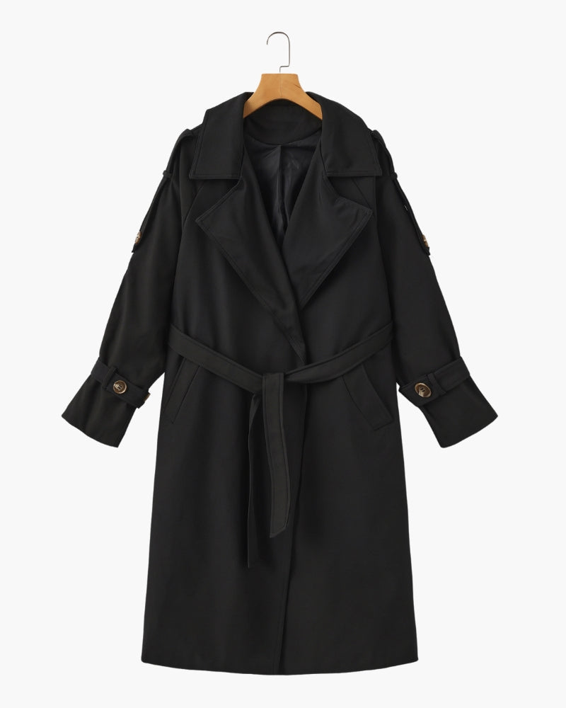 Women's Belted Trench Coat with Storm Flaps and Cuffed Sleeves - Black
