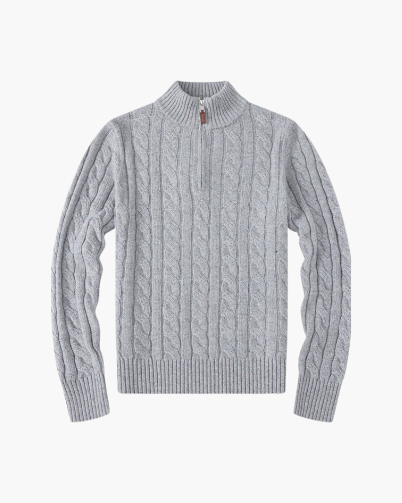 Women's Cotton Half-Zip Sweater with High Neck and Ribbed Trims - Gray