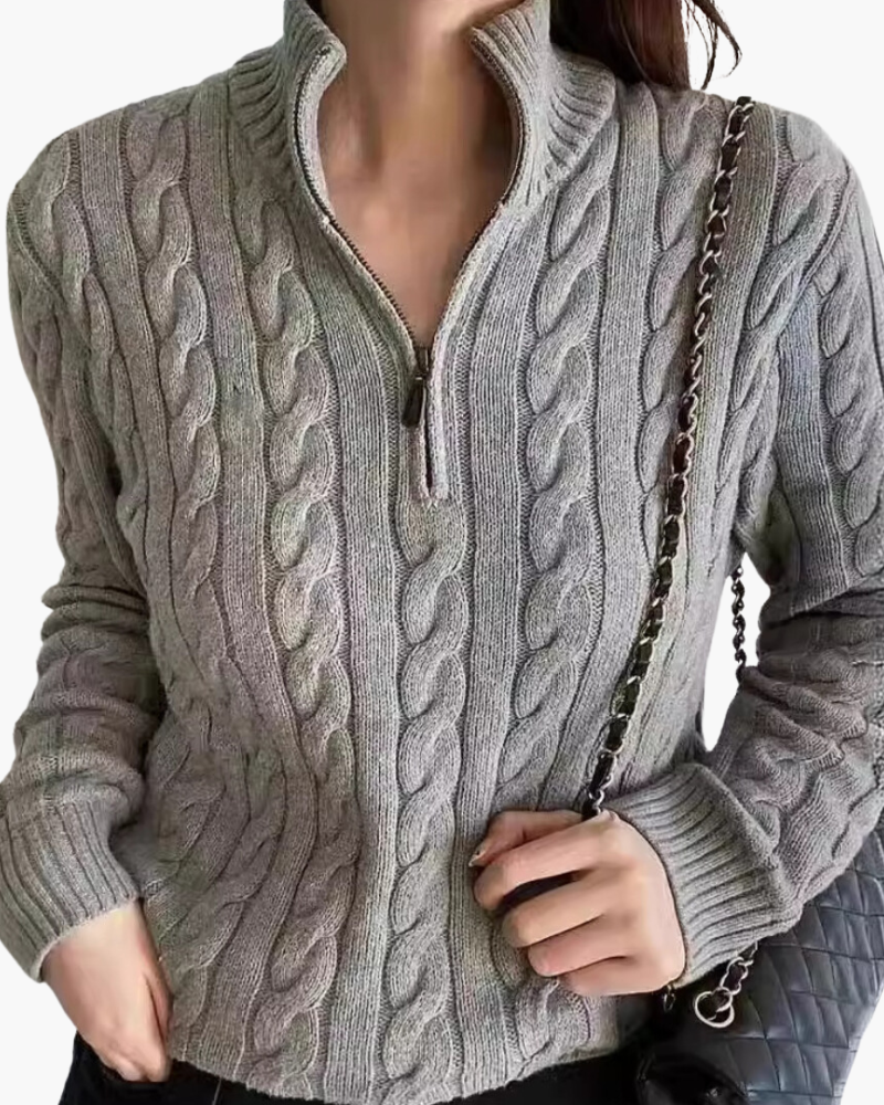 Women's Cotton Half-Zip Sweater with High Neck and Ribbed Trims