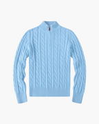 Women's Cotton Half-Zip Sweater with High Neck and Ribbed Trims - Baby Blue